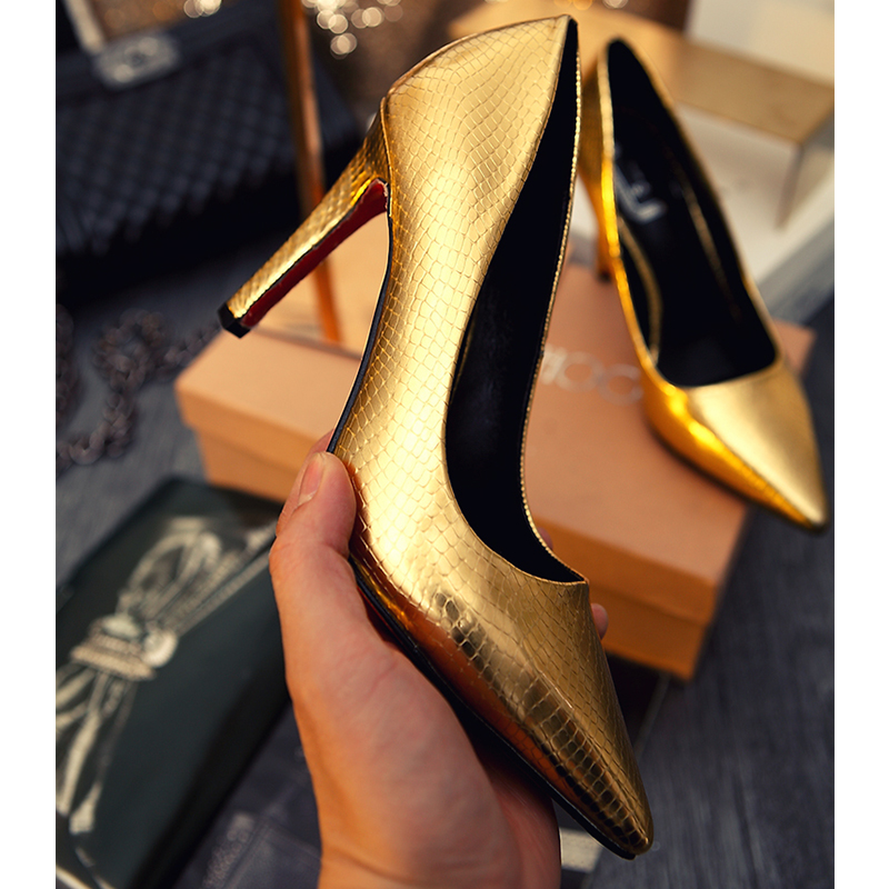 2015欧美春秋新款金色蛇纹皮高跟鞋ol夜店个性时尚细跟婚鞋女单鞋