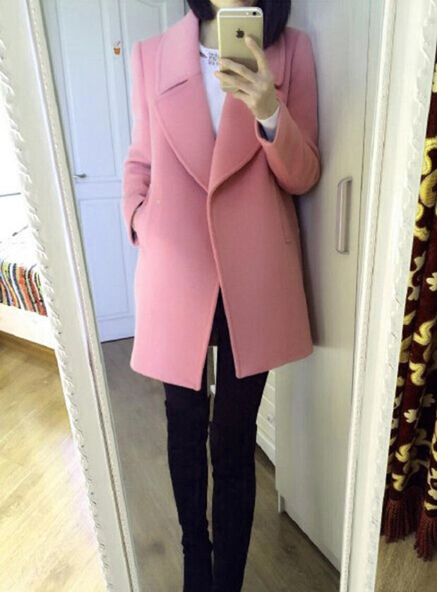 2015秋装新款韩版中长款羊绒毛呢大衣粉色显瘦西装领呢子外套 女