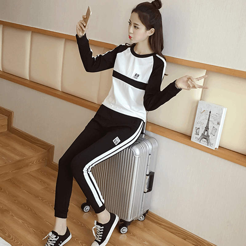 少女2018新款韩版印花长袖长裤卫衣套装女初中学生休闲运动两件套