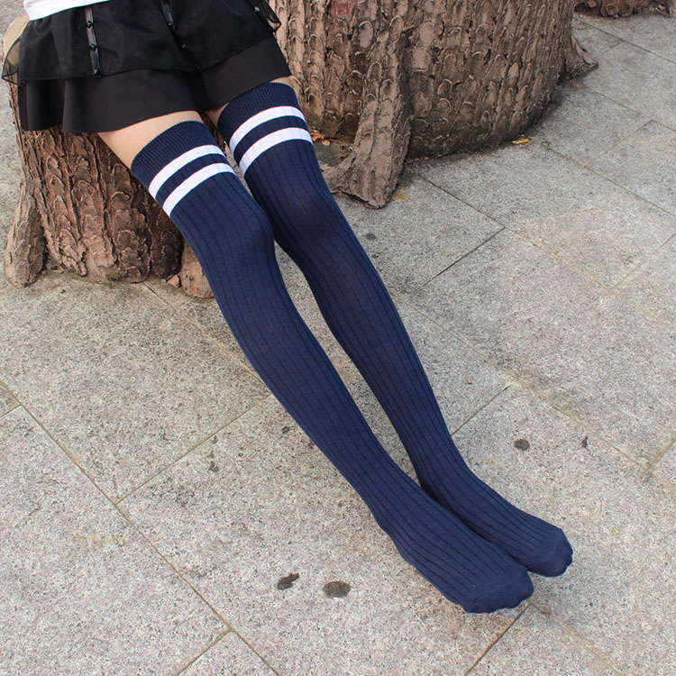 秋冬季款日系女二杠长筒袜子女过膝袜堆堆袜套大腿袜棒球长筒棉袜