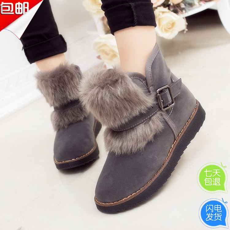 2015冬季新款韩版女棉靴绒面兔毛保暖雪地靴女平底搭扣套脚女短靴