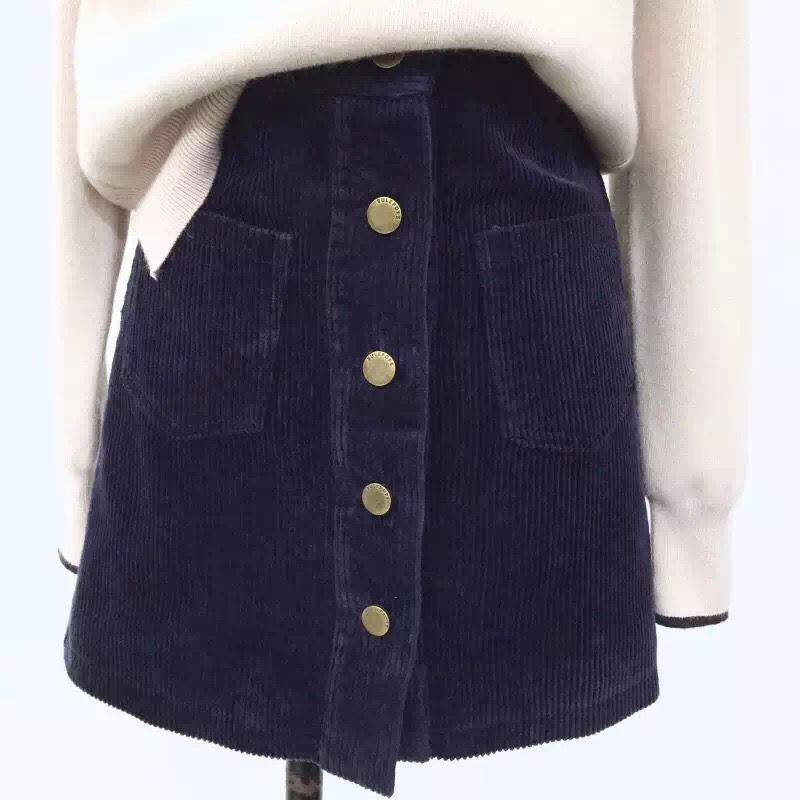 2015冬季韩国复古气质单排扣高腰口袋半裙 灯芯绒半身裙短裙女