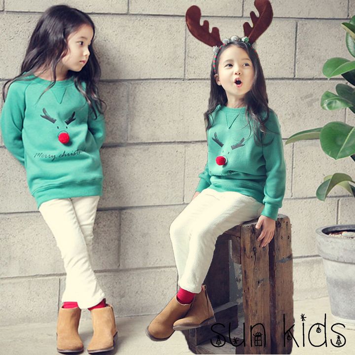 原创童装2015冬季新款韩版加厚加绒高弹力中性卫衣款圣诞小鹿印花