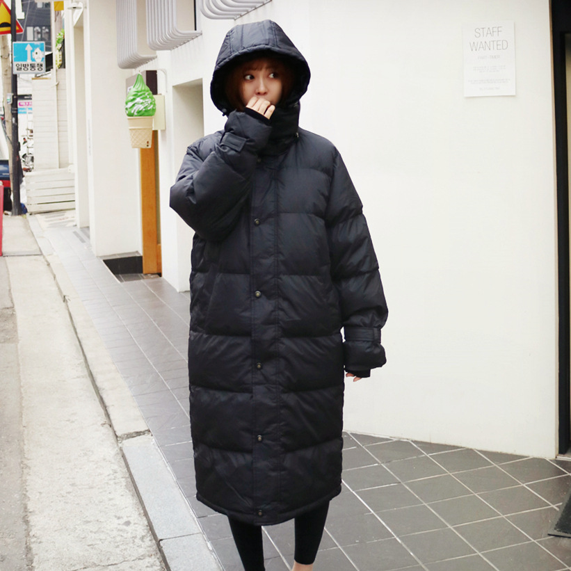 2015冬季新款女装 韩版加长款修身连帽时尚保暖纯色棉衣棉服外套