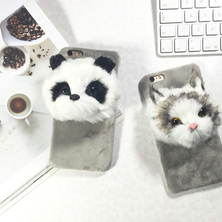 日本代购毛绒熊猫手机壳可爱6plus卡通猫咪动物支架保护套6s公仔