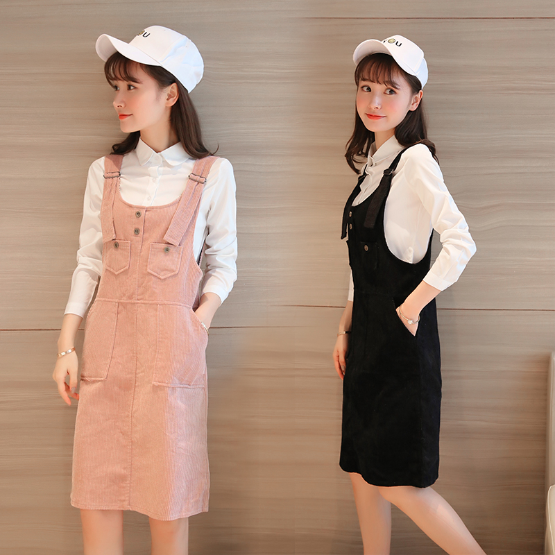 2016韩版女装秋季新款时尚宽松纯色显瘦背带连衣裙
