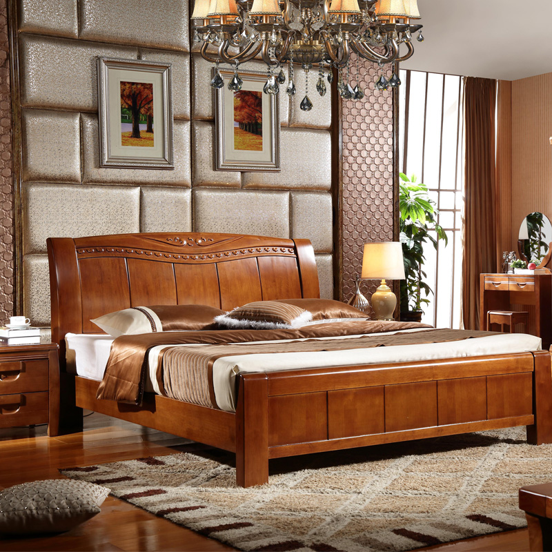 全实木床进口橡木床双人床中式婚床1.5 1.8M简约现代实木床包邮