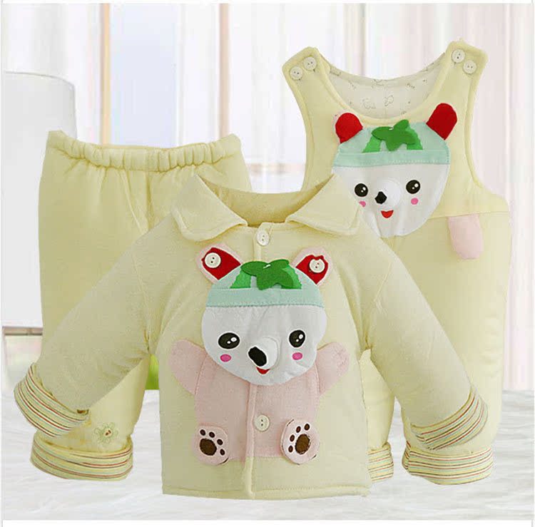 阳光菊 婴儿棉衣服三件套 西瓜熊秋冬宝宝棉袄背带裤套装 立体3D