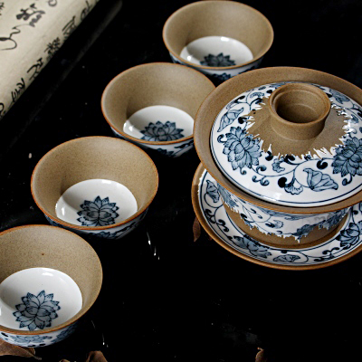 粗陶 手绘 功夫茶具茶杯套装 陶瓷茶盘盖碗茶碗 古朴