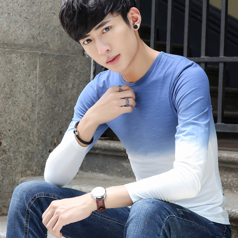 夏季青年韩版修身长袖t恤男装潮纯色圆领打底衫薄体恤323-A11-P35
