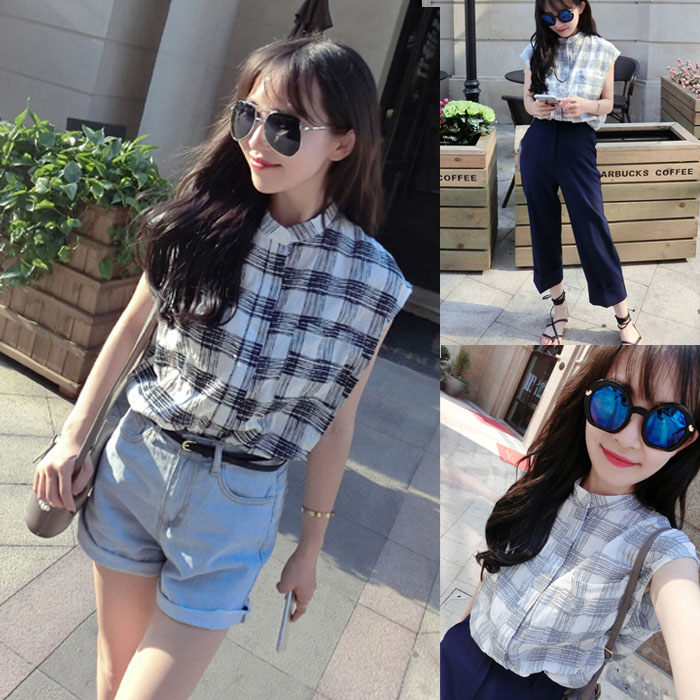 夏季新款韩国复古时髦学院文艺格子棉麻无袖衬衫搭配短裤的上衣女