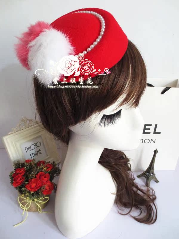 晚会款气质珍珠装饰兔毛球拼色毛呢贝雷帽皮草发夹帽亲子圣诞礼帽