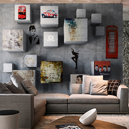 虫虫壁画 客厅卧室复古电视背景墙纸 沙发 赫本英伦3D立体水泥