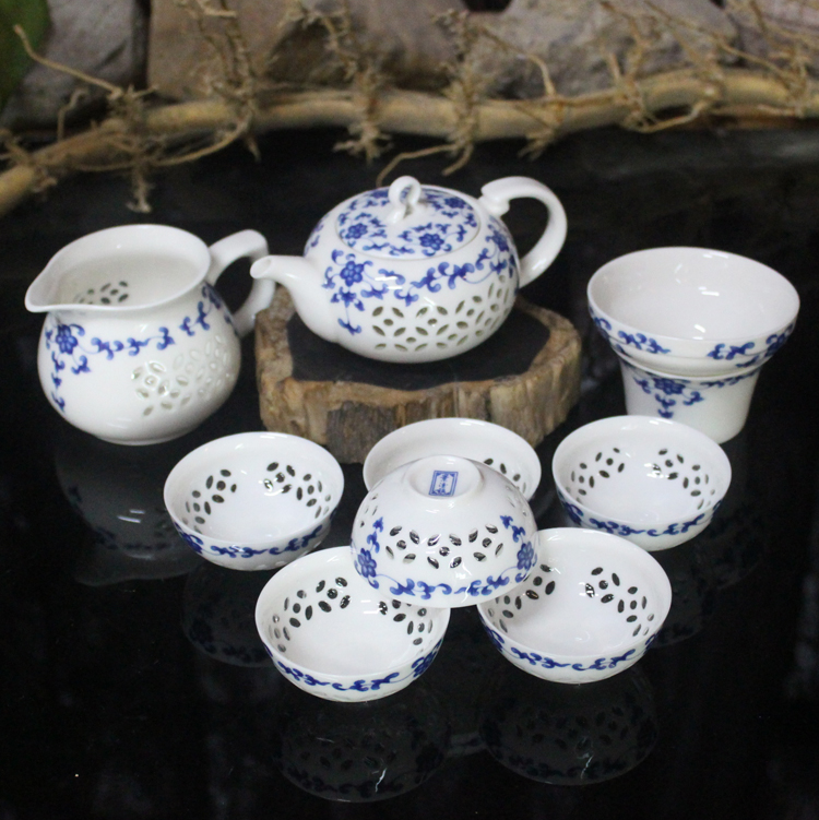景德镇茶具整套功夫陶瓷茶具套装超薄整套玲珑青花瓷镂空玲珑