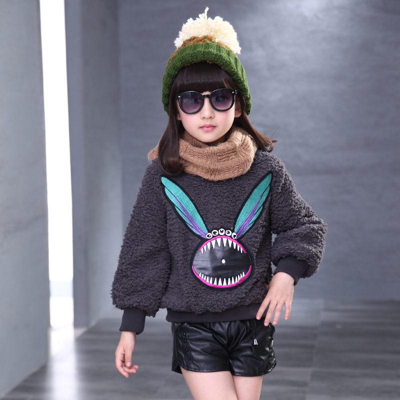 小猪瑞比特 2015冬季新款韩版女童卡通毛绒卫衣 可爱兔子保暖T恤