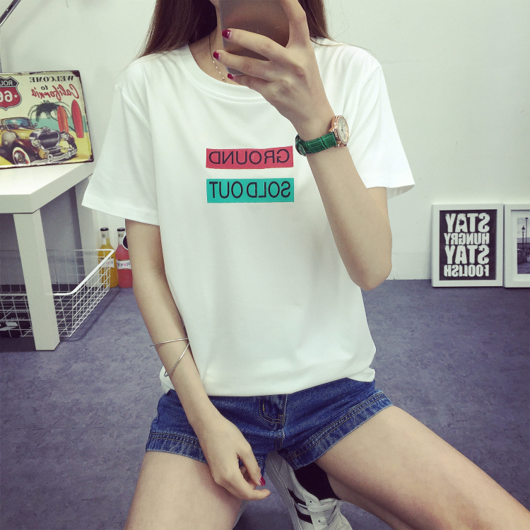 2016夏季韩国时尚女士修身印花百搭纯棉字母短袖t恤学生显瘦上衣
