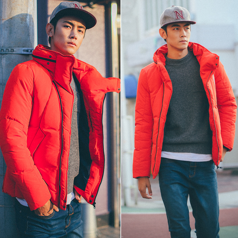 冬季新款韩版手塞棉设计拉链拼接男士保暖红色棉衣短外套大衣加厚