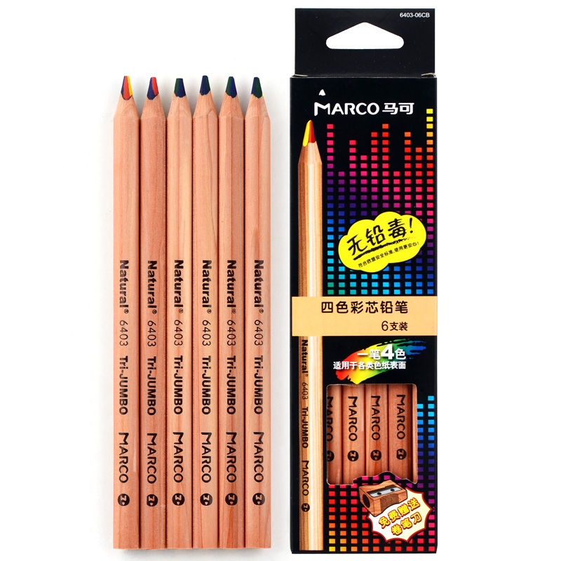 MARCO马可6403四色彩芯铅笔 学生彩虹原木粗三角杆彩铅 绘画涂鸦