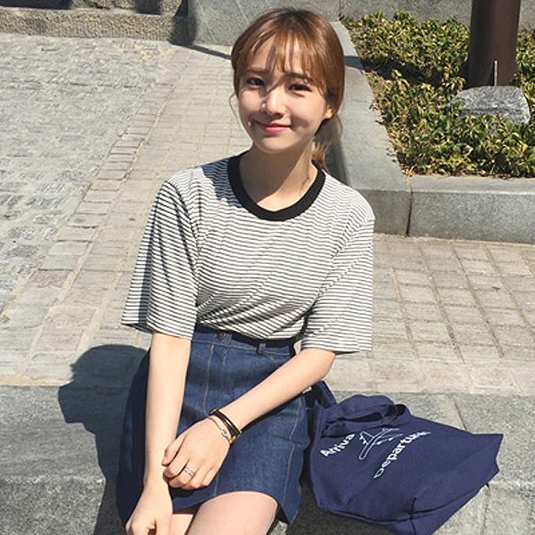 2015夏装新款韩版海军风细横条纹打底衫短袖宽松T恤蝙蝠衫女款