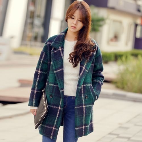 2015秋冬季新款韩版女装宽松明星同款格子中长款呢大衣毛呢外套女