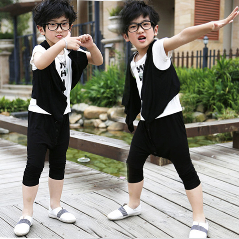 韩版儿童夏装2015新款男童休闲三件套纯棉套装中大童马甲+哈伦裤