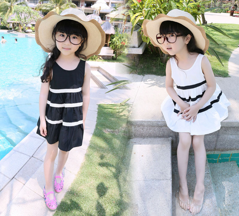 2016夏季新款儿童无袖条纹连衣裙韩版中小童背心裙女童黑白公主裙