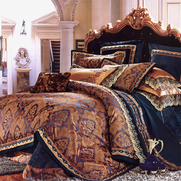 银寐家纺 欧美式样板房卧室软装婚庆床上用品 丝质提花床盖十件套