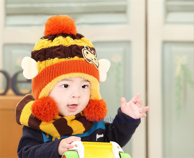 儿童帽子2015秋冬新款翅膀小蜜蜂宝宝帽+围巾 冬天加绒保暖毛线帽