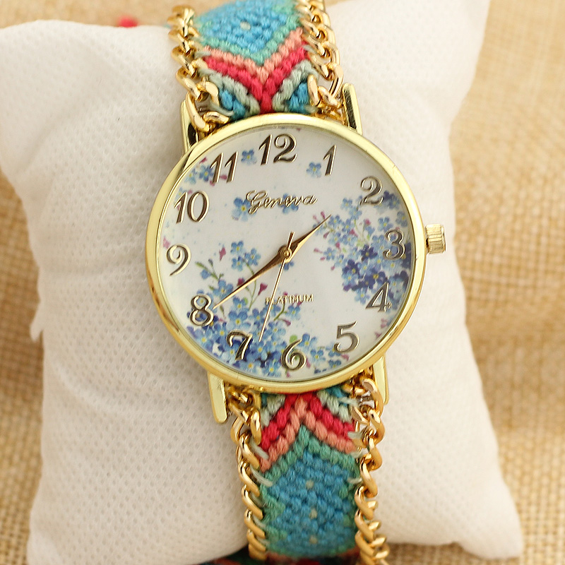 中国风时尚个性青花手工编织表带复古花朵手链表女款学生潮流手表