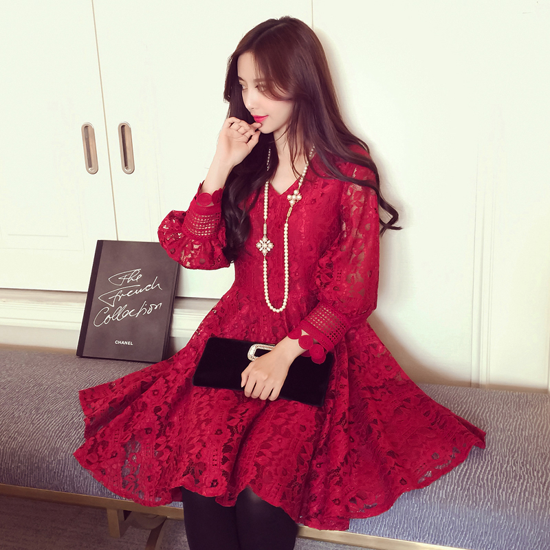 2016春季新款唯美女神范优雅显瘦蕾丝A字长袖连衣裙红色连衣长裙