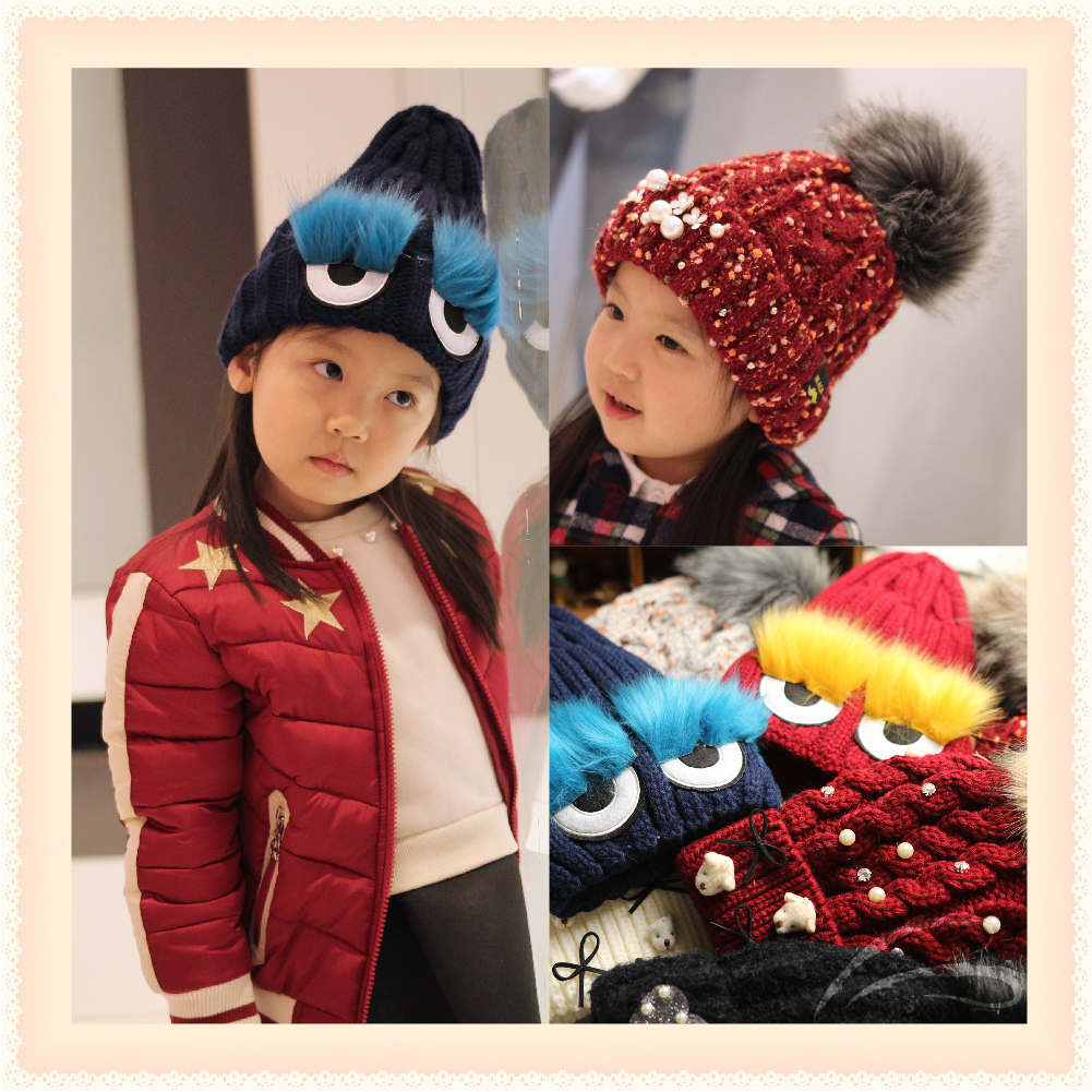 TWOZI 韩国男女童冬款加绒针织帽 韩版儿童大毛球小怪兽棒针帽