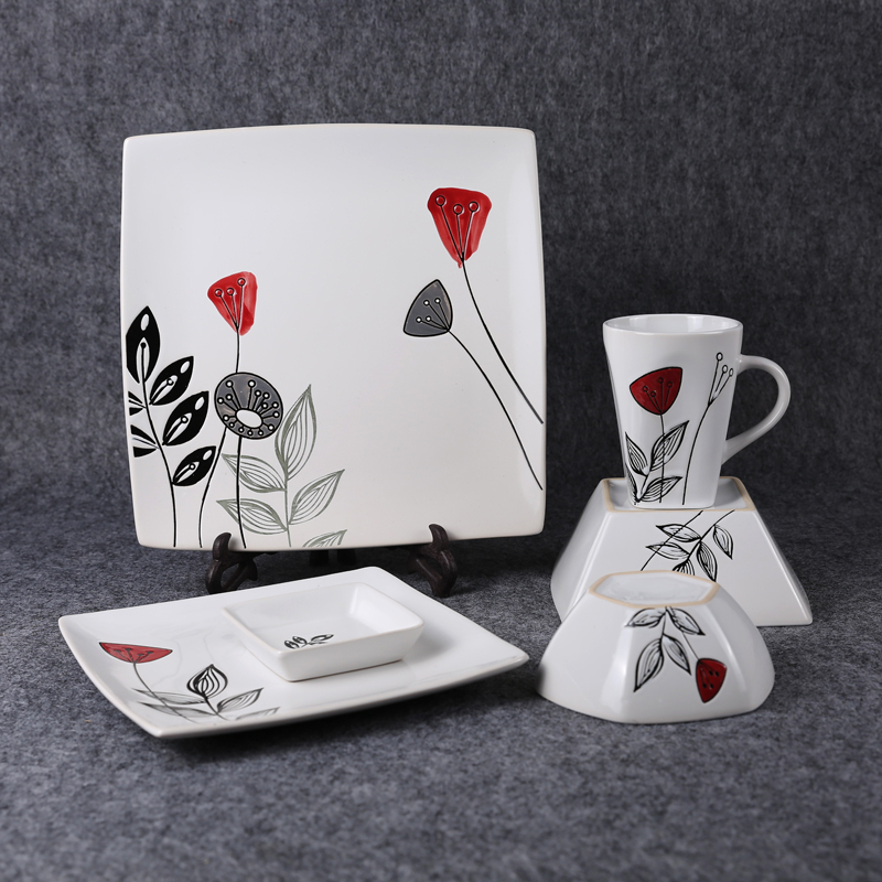 热卖新品西式创意精美手绘陶瓷家用餐具碗杯碟盘六件套装