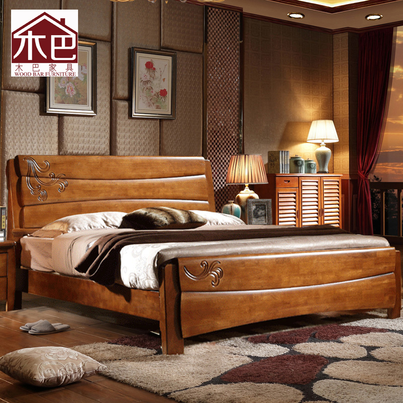 现代中式实木床高箱床1.8米 橡胶木双人床 硬板床古典床婚床包邮