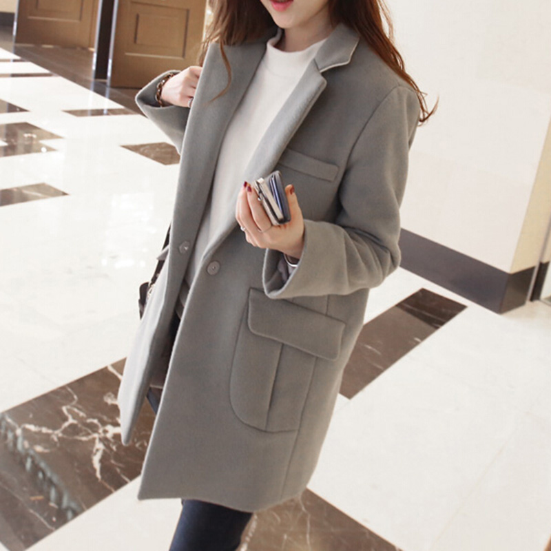 2015冬装新款韩版女装中长款POLO领修身毛呢大衣气质百搭呢子外套