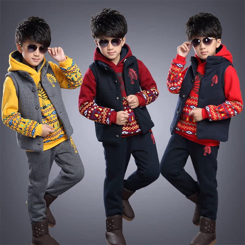 童装男童秋装套装2015冬装新款中大童男孩加绒加厚卫衣套装三件套
