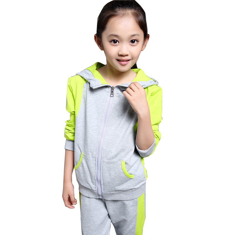 2016儿童春装套装新款童装韩版中大童女童拼接运动服拉链衫带帽