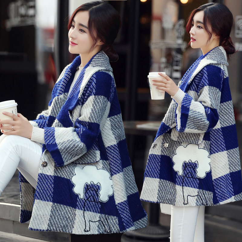 包邮2016年冬季韩版新款中长款修身花色长袖条纹双排扣毛呢外套