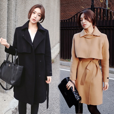 秋冬新款 韩版女装显瘦大码女装中长款系带毛呢大衣外套