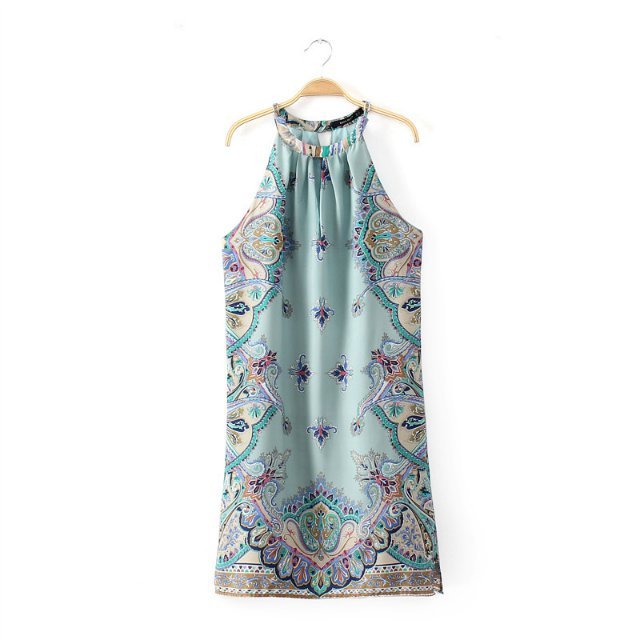 2015夏季欧美新款 抽象对称花纹印花挂脖修身性感连衣裙 百搭裙子