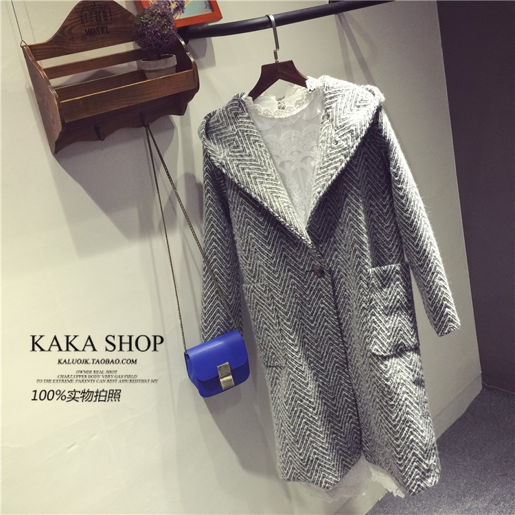 韩国2015秋冬新款韩版宽松连帽毛球毛呢外套中长款长袖呢子大衣女