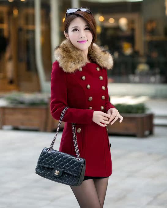 2015秋冬装韩版新款修身双排扣毛领毛呢外套女中长款呢子大衣