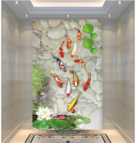 3D立体九鱼图荷花石头中式玄关走廊餐厅卧室背景墙墙纸无纺布壁画