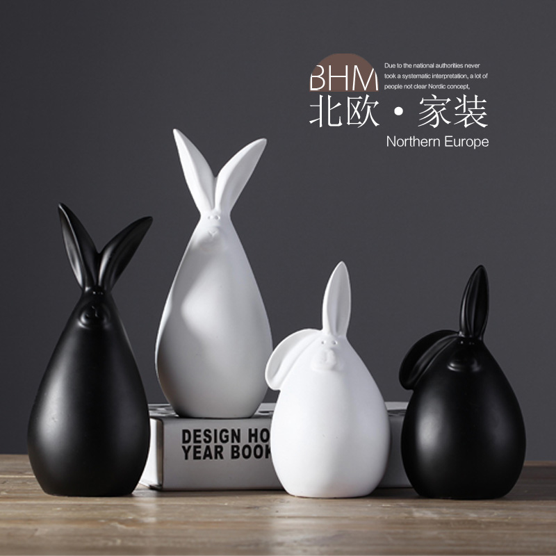 北欧极简黑白系列饰品酒柜装饰品摆件创意装饰柜摆设陶瓷工艺品兔