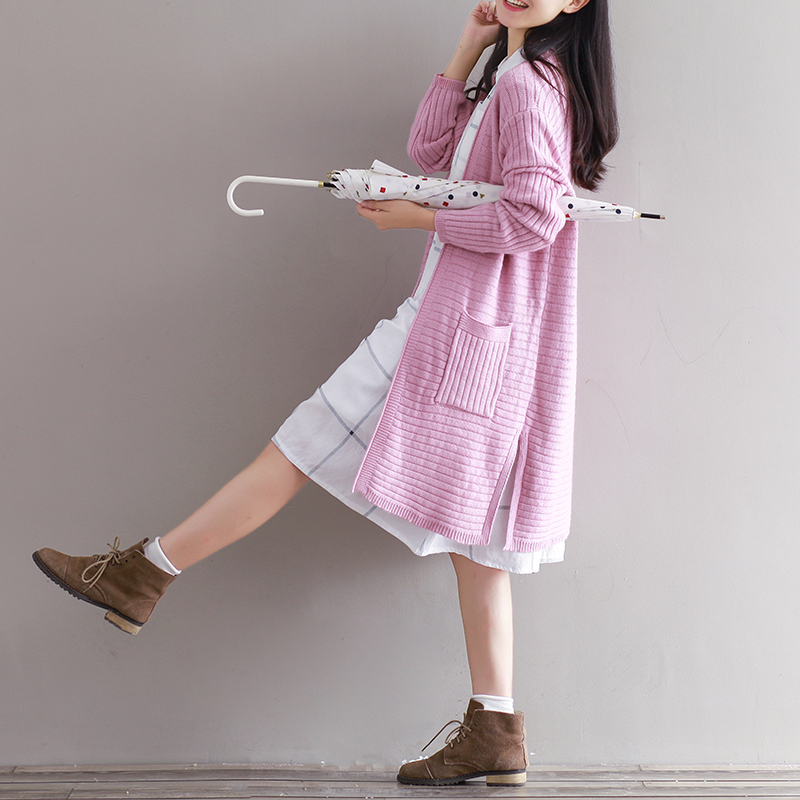 2016韩版秋季新款毛衣外套森女系长袖白搭中长款双口袋针织衫外套