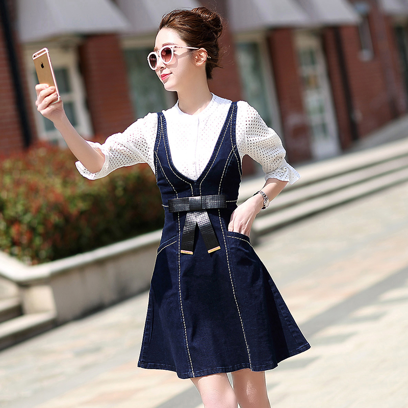 韩版秋季显瘦收腰蕾丝牛仔背带裙小香风短裙套装a字两件套连衣裙