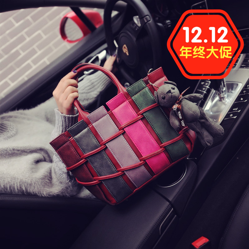 2015新款女包撞色栅栏包潮韩国小熊挂件包手提包单肩斜跨包