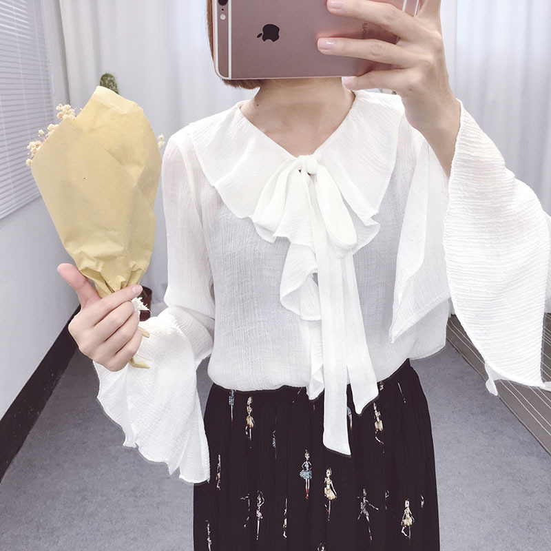 韩国2016春装新款清新V领荷叶边娃娃领喇叭袖百搭衬衣衬衫女上衣