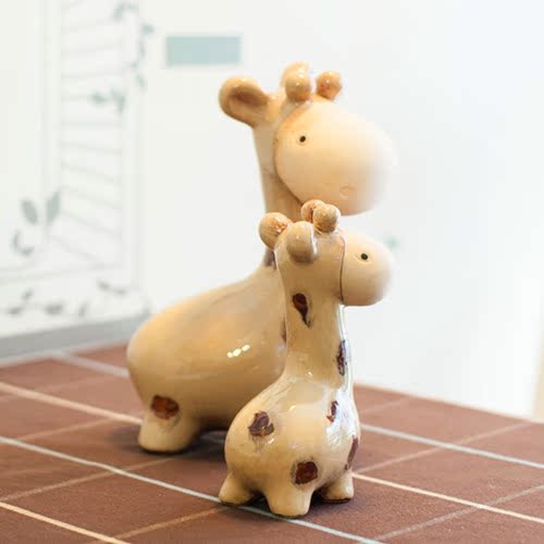 包邮Zakka美式乡村复古陶瓷母子长颈鹿动物桌面摆件工艺品礼物