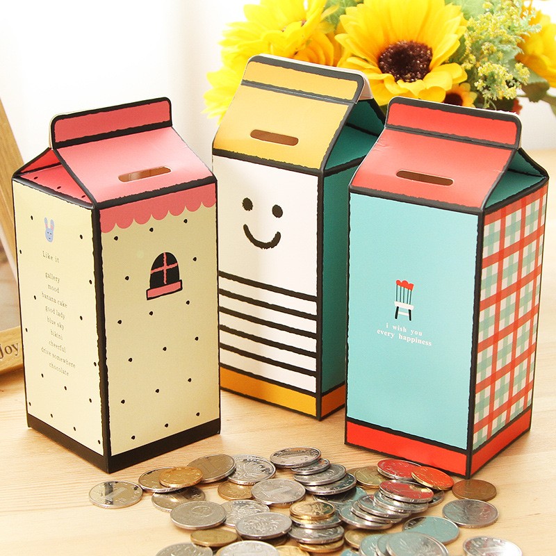 创意卡通纸质可爱DIY手工制作存钱盒收纳盒卡纸牛奶盒硬币储蓄罐