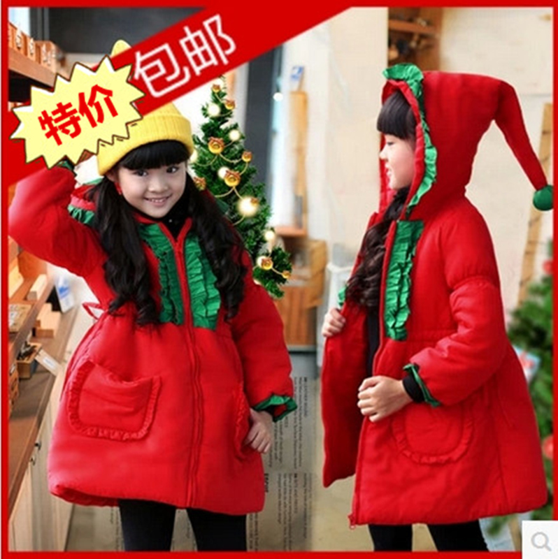 童装2015冬装韩版女童圣诞帽子棉衣加绒加厚大红色小女巫棉服外套